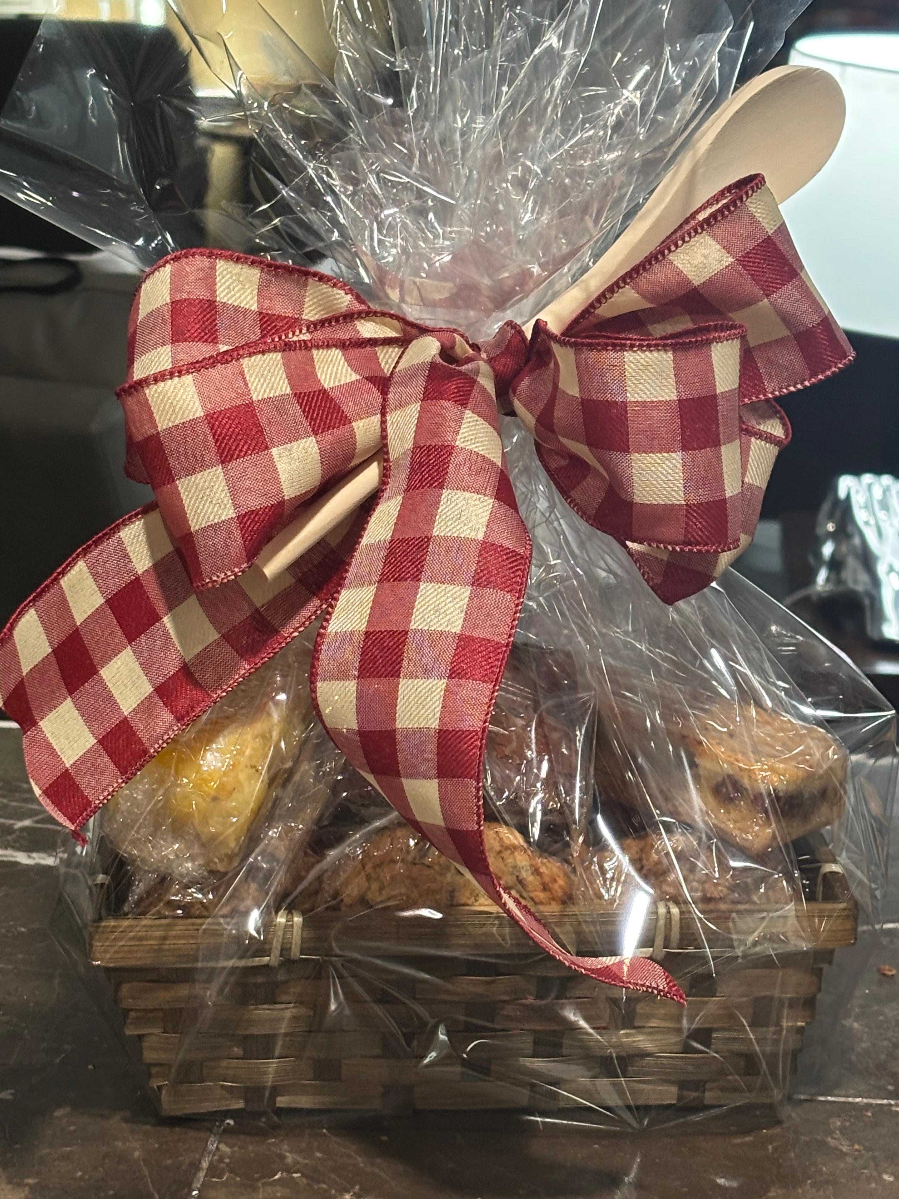 The Wooden Spoon signature cookie basket with red gingham ribbon
